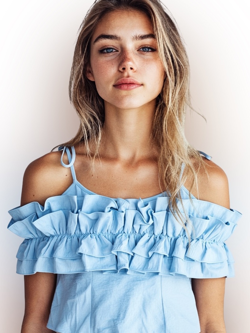 Sienna Sky Light Blue Ruffle Off-Shoulder Camisole